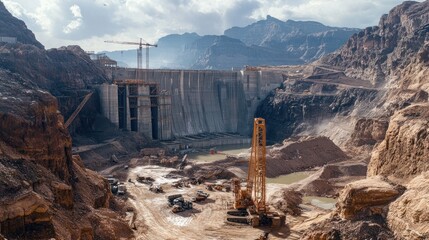 A large dam construction site surrounded by rugged mountain terrain