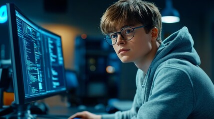 Wall Mural - Focused Young Programmer Working Late in Dark Office, Programming Code on Computer Screen