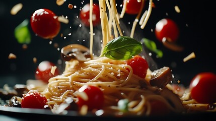 Wall Mural - A plate of spaghetti with cherry tomatoes, mushrooms, and basil leaves, all in mid-air, with a black background.