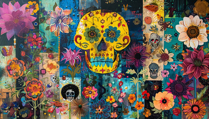 Wall Mural - A painting of a flower with a skull in the center