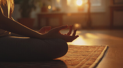 A serene woman sits in a lotus pose on the floor of her cozy living room, embodying peace and tranquility. Her hands rest gently on her knees, palms up, as she breathes deeply, embracing a moment.