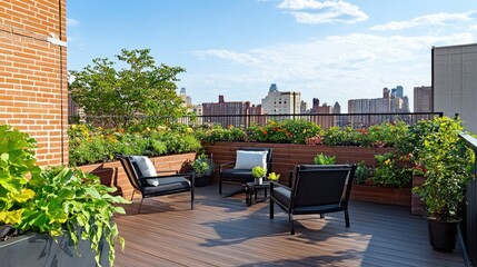 Panoramic view of rooftop terrace featuring dark wood flooring, sleek black garden chairs, potted plants, and a modern brick fence for a serene space