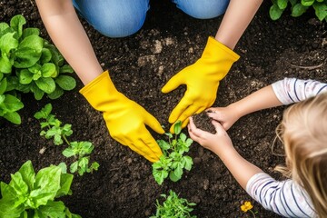 Closed-up of mother and daughter seedling plant in the garden, Children and parents plant small tree, Caucasian mother and daughter planting trees in the forest.