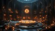 © Paul - Gothic magical library with spiraling bookshelves in a circular formation, flickering candlelight, and a central table covered in glowing ancient runes