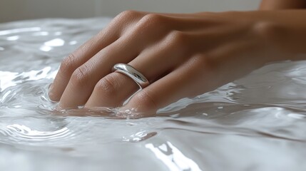 Wall Mural - A hand wearing a silver ring submerged in water.