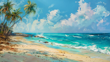 A painting of a beach with palm trees and a blue ocean