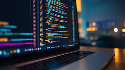 Wall Mural - secure coding software development on laptop with encrypted code, blurred background