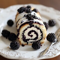 Wall Mural - A delicious dessert of a blackberry roll on a white plate.