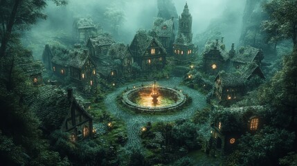 Circular village with medieval fantasy architecture, moss-covered cottages surrounding a mystical well, glowing with otherworldly energy