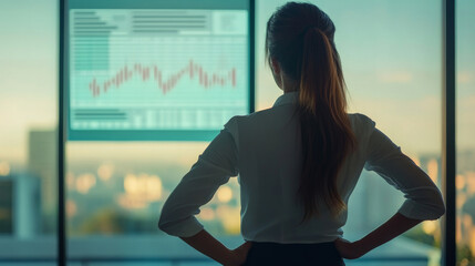 In a sleek conference room, confident businesswoman stands poised at the front, delivering a compelling presentation. Behind her, large windows flood the space with natural light, while digital chart.