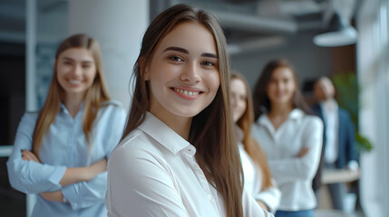 Wall Mural - Group of business workers smiling happy and confident. Posing together with a smile on face looking at the camera, young beautiful woman with crossed arms at the office