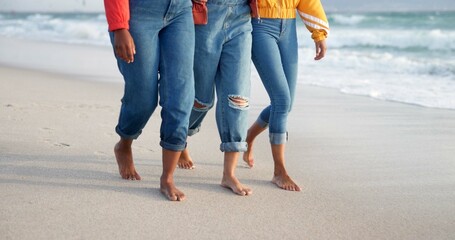 Wall Mural - Friends, beach and legs walking together on sand, outdoor freedom and weekend trip to ocean waves. Women, people and travel to sea with feet for vacation, tropical and holiday for peace in Mauritius