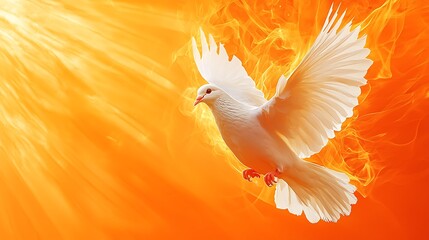 Wall Mural - A white dove flies through a fiery orange sky with sunrays beaming down.