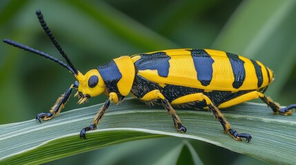Close-up of a vibrant yellow and black striped insect.