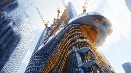 A unique skyscraper with a curved, organic design under construction, featuring prefabricated modules being hoisted into place by cranes. The structure stands out in the urban landscape.