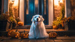 © Tahsin - Happy dog in a Halloween ghost costume sits by carved pumpkins on a festive porch