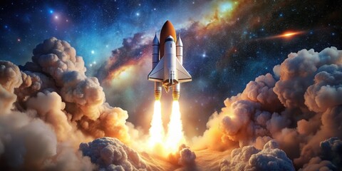 Wall Mural - Spaceship rocket shuttle taking off into starry space with blast and puffs of smoke, space, spaceship, rocket, shuttle