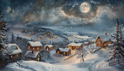 Sticker - A painting of a snowy village with a large moon in the sky