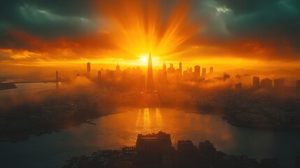 Wall Mural - Stunning sunset over a city skyline with dramatic lighting.