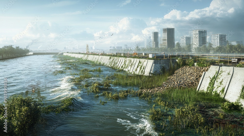 Engineers and construction teams work on building an extensive flood ...