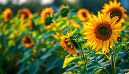 Wall Mural - Blooming sunflowers bloom in the sun, with a vibrant green vegetation in the background, showing the beauty and vitality of nature.