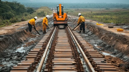 Workers lay the foundation for a high-speed railway line, using precision machinery to ensure smooth alignment of the tracks. The scene is set in a vast open landscape.