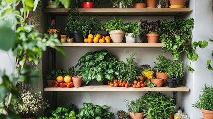 Wall Mural - A Shelf of Potted Plants and Produce in a Home Garden