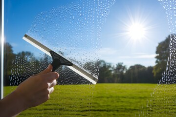 window with water droplets cleaned with squeegee, revealing blue sky and green field