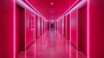 Wall Mural - Neon lit corridor with sleek minimalist design and vivid color scheme offering a modern and dynamic atmosphere.