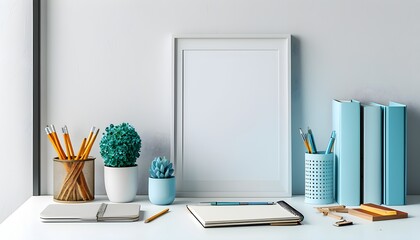 Sticker - Minimalist Workspace with Light Blue Book Mockup and Accessories on White Office Desk