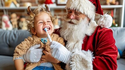 Santa Claus Teaching Child Oral Hygiene, Brushing Teeth With Toothbrush, Christmas Spirit