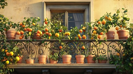 Wall Mural - A Balcony Filled With Potted Citrus Trees and Ripe Fruit