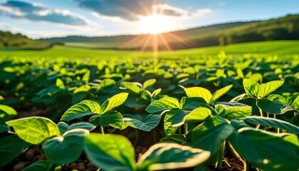 Wall Mural - Vibrant green soybeans thriving under warm sunlight on an agricultural plantation