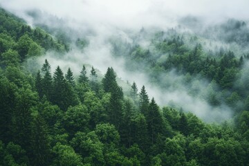 Misty forest landscape with lush greenery and fog.