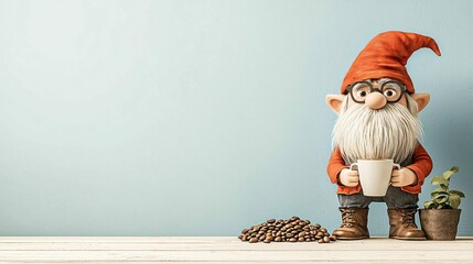 Wall Mural - A gnome wearing glasses holds a coffee cup while standing beside a pile of coffee beans and a potted plant on a wooden surface against a light blue background.