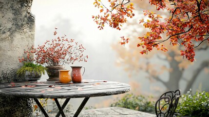 A rustic wooden table with colorful pitchers and potted plants, set on a charming autumn patio surrounded by vibrant red and orange foliage under misty skies.