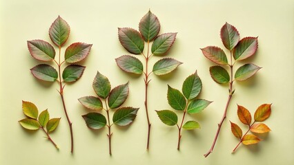 Wall Mural - Collection of rose leaf twigs with six leaves on flat background, roses, leaves, twigs, botanical, isolated, green, nature