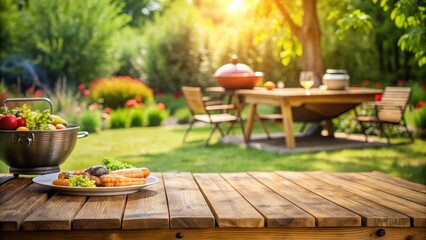 Summer barbecue in backyard garden with wooden table and blurred background, summer, BBQ, grill, backyard