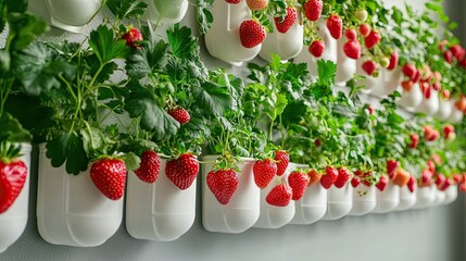 Wall Mural - Ripe Strawberries Growing in White Pots on a Wall