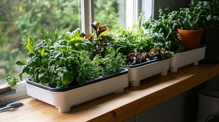 Wall Mural - Indoor Garden with Various Herbs and Plants in White Pots on Wooden Windowsill