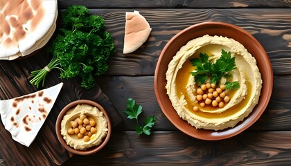 Wall Mural - Elegant plate of classic hummus garnished with fresh parsley accompanied by warm pita bread, shot from a horizontal top angle