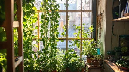 Wall Mural - Lush Green Plants Growing by a Window in a Home