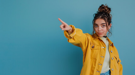 Young woman over isolated blue background pointing finger to the side