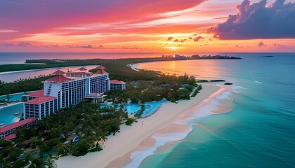 Wall Mural - Tropical beachfront luxury resort basking in vibrant sunset hues over the serene ocean