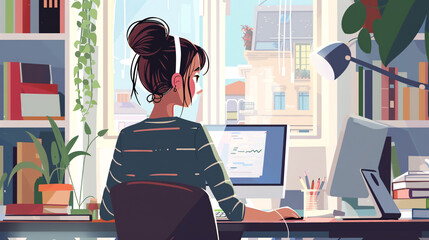 Sticker - Young woman student remote working at home