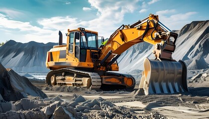 Heavy machinery in action: wheel loader and backhoe excavator unloading sand at construction site quarry