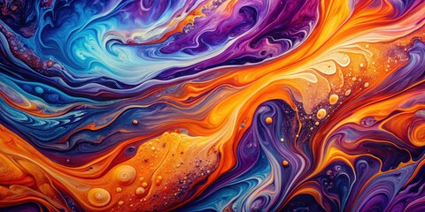 Stylish and vibrant abstract fluid art background in neon orange and marble effect in purple, orange, and blue