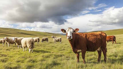 Wall Mural - Cow and Sheep in a Green Pasture Under a Cloudy Sky