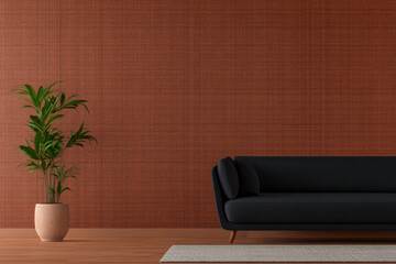 A modern living room featuring a black sofa and a potted plant against a textured orange backdrop