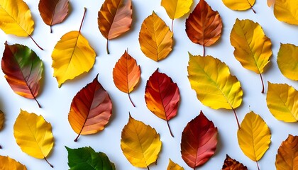 Flat lay of vibrant autumn leaves on a white background showcasing a stunning pattern of yellow and colorful hues